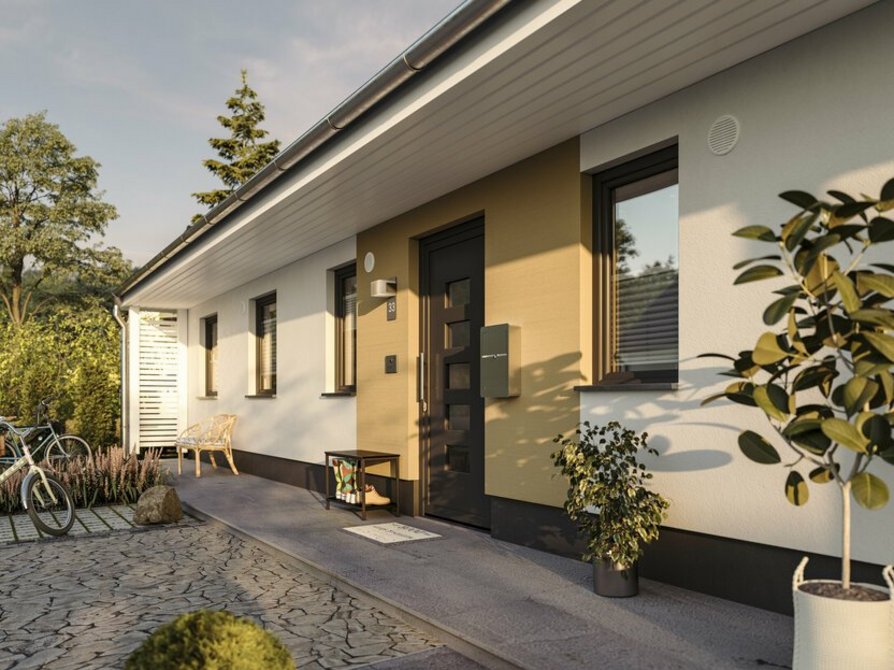 Detailsansicht Eingangsbereich und Veranda des Bungalow 131 in Variante Style