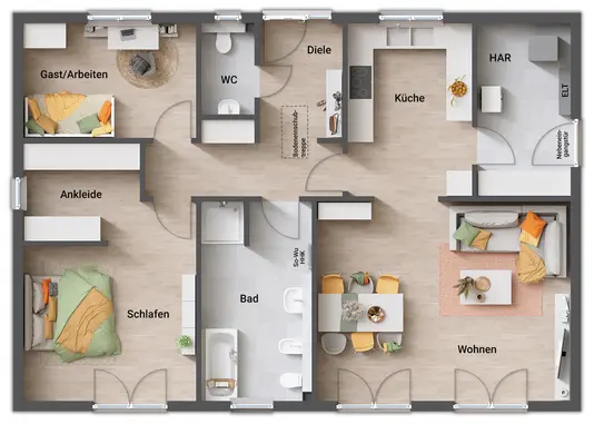 Bungalow 110 mit großem Bad, Gäste-WC, Ankleide und Hauswirtschaftsraum mit Nebeneingang