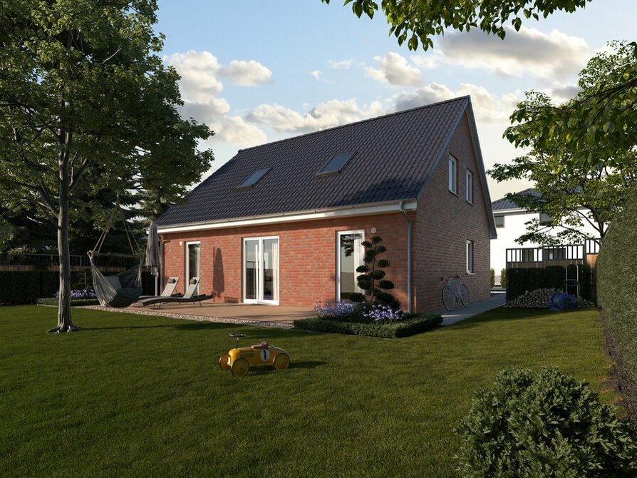 Das Mitwachshaus Flair 148 in der Klinker 3 Variante besticht durch ein modernes Anthrazit-Satteldach und bodentiefe Fenster, die für lichtdurchflutete Räume und einen wunderbaren Blick in den Garten sorgen.