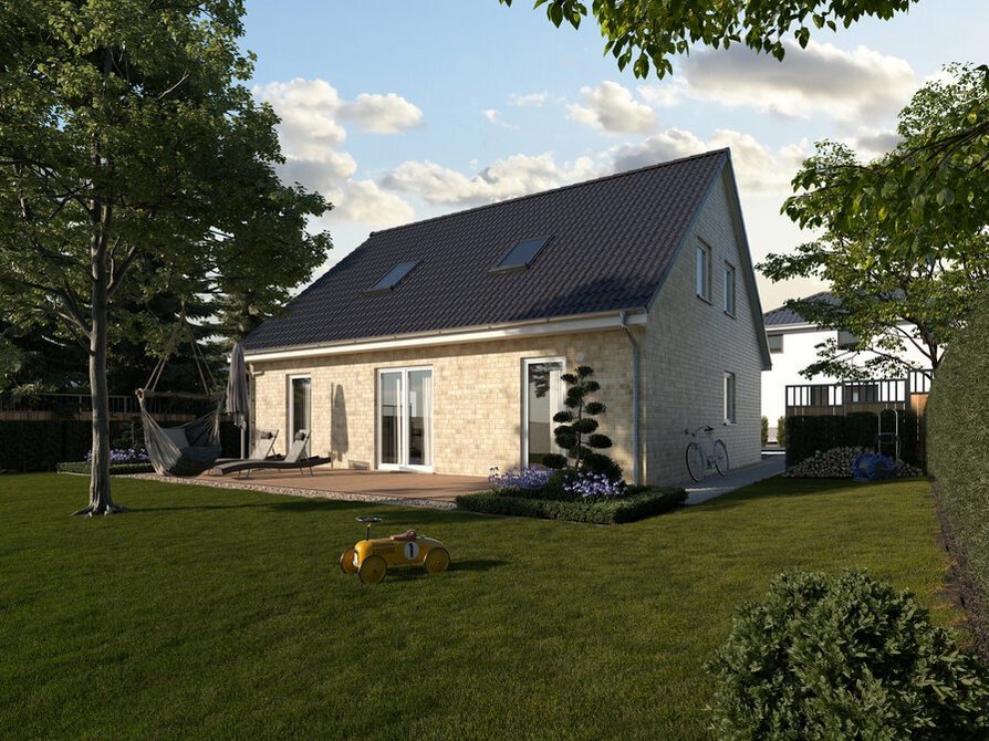 Das Mitwachshaus Flair 148 in der Variante Klinker 1 mit Blick in den Garten auf das Einfamilienhaus mit modernem Satteldach in Anthrazit mit bodentiefen Fenstern für lichtdurchflutete Räume und einen herrlichen Blick in den Garten.