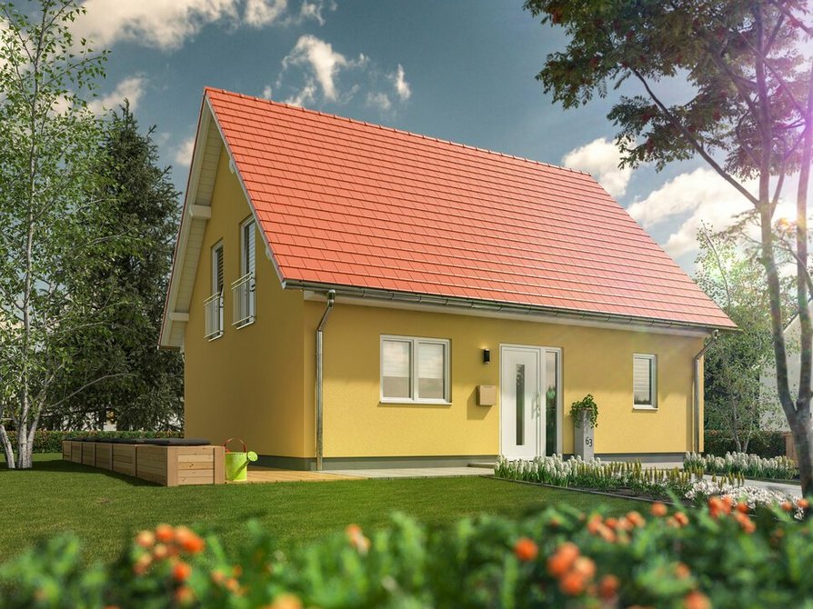 Der Blick von der Straße auf das Einfamilienhaus Flair 134 Trend mit gelber Fassade, rotem Satteldach und charmantem Dachüberstand verleiht eine einladende Atmosphäre.
